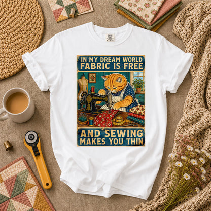 In My Dream World Fabric Is Free Sewing Cat T-Shirt - White