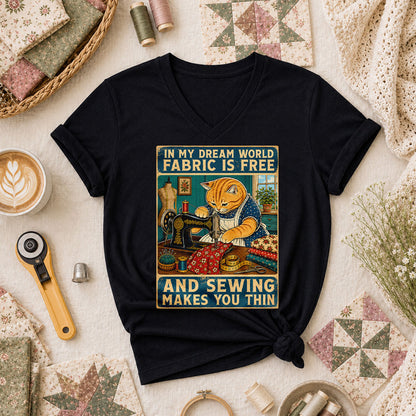 In My Dream World Fabric Is Free Sewing Cat Women's V-Neck - Black