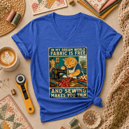 In My Dream World Fabric Is Free Sewing Cat Women's V-Neck - Heather True Royal