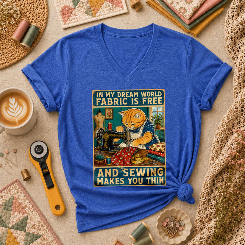 In My Dream World Fabric Is Free Sewing Cat Women's V-Neck - Heather True Royal