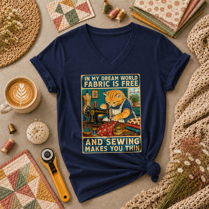 In My Dream World Fabric Is Free Sewing Cat Women's V-Neck - Navy