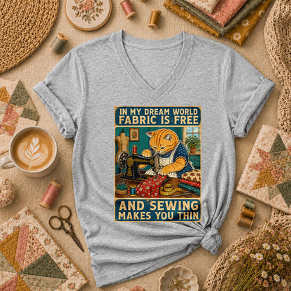 In My Dream World Fabric Is Free Sewing Cat Women's V-Neck - Sport Grey