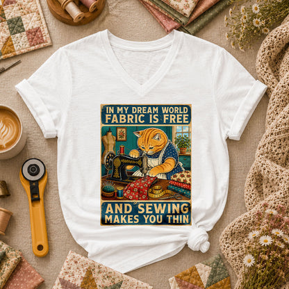 In My Dream World Fabric Is Free Sewing Cat Women's V-Neck - White