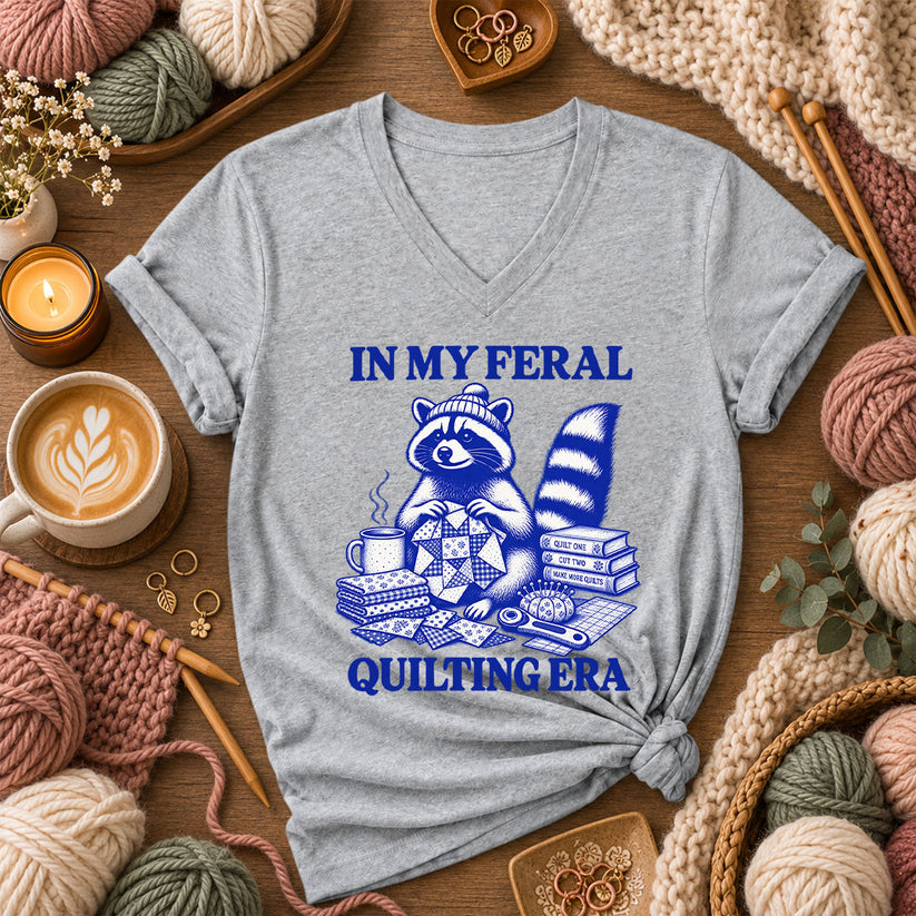 In My Feral Quilting Era Raccoon Women's V-Neck - Athletic Heather