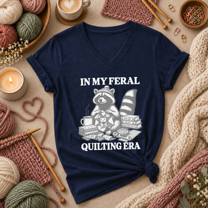 In My Feral Quilting Era Raccoon Women's V-Neck - Navy