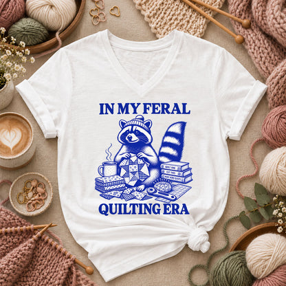 In My Feral Quilting Era Raccoon Women's V-Neck - White