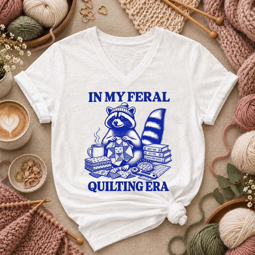 In My Feral Quilting Era Raccoon Women's V-Neck - White