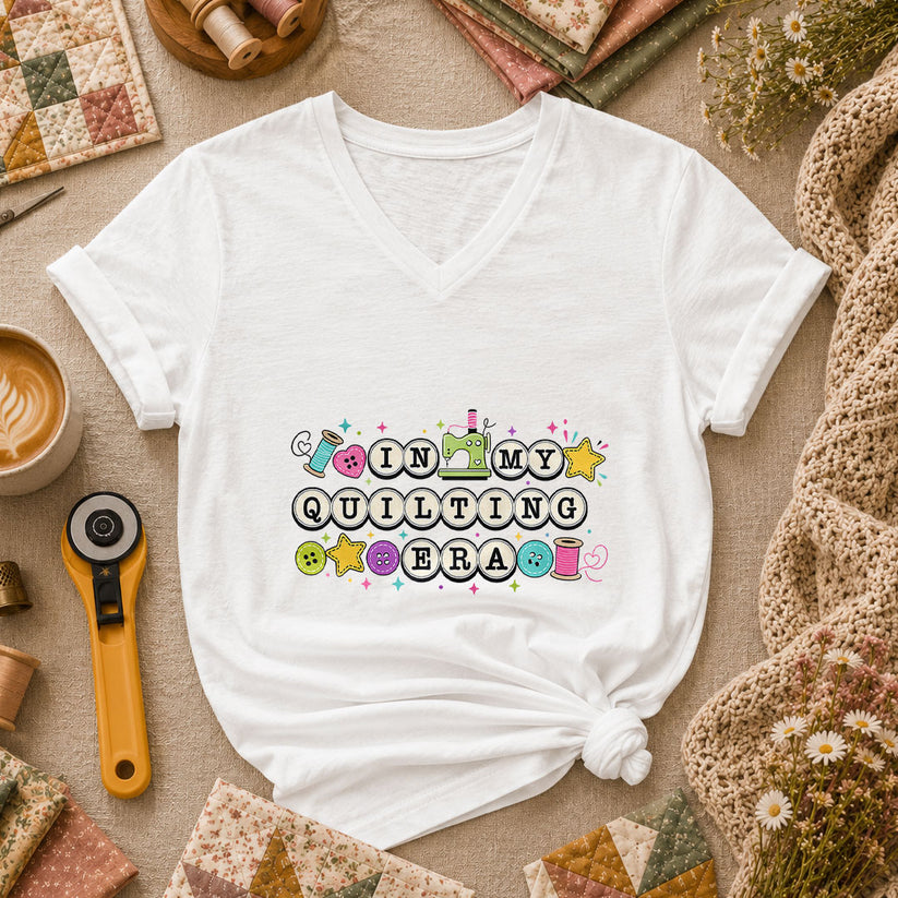 In My Quilting Era Sewing Machine Buttons Women's V-Neck - White