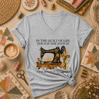 In The Quilt Of Life Jesus Is The Stitch That Holds It Together Women's V-Neck - Athletic Heather