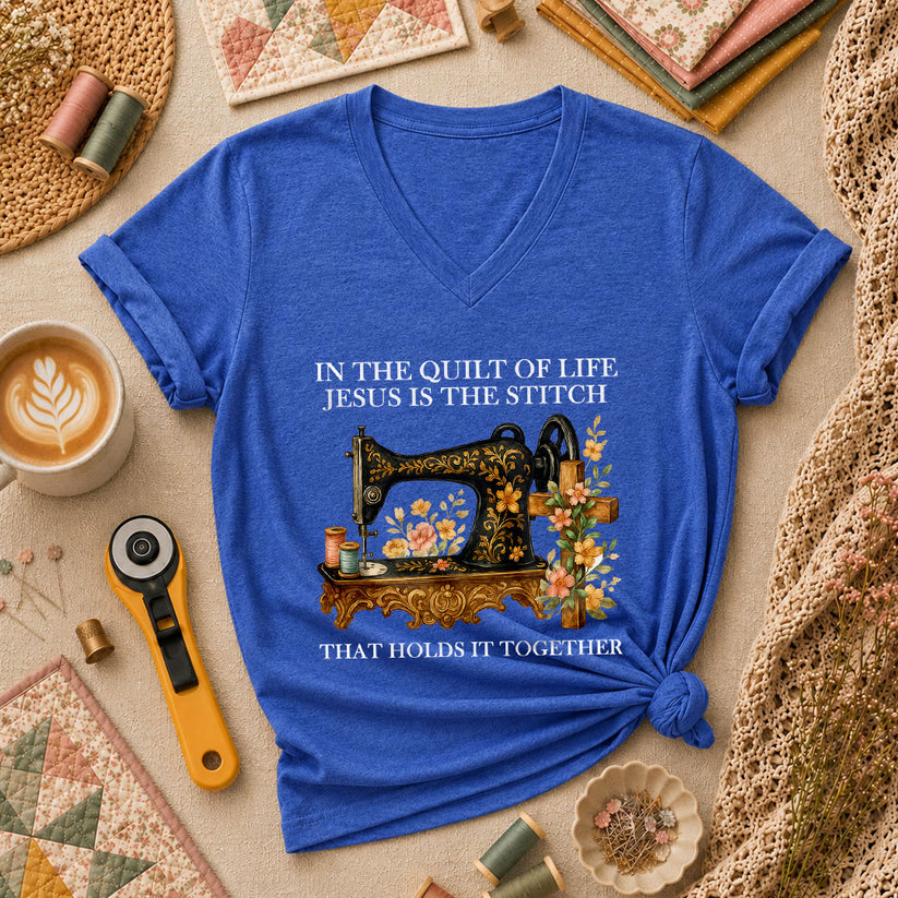 In The Quilt Of Life Jesus Is The Stitch That Holds It Together Women's V-Neck - Heather True Royal