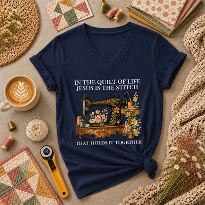In The Quilt Of Life Jesus Is The Stitch That Holds It Together Women's V-Neck - Navy