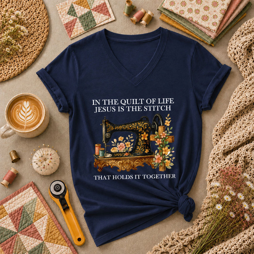 In The Quilt Of Life Jesus Is The Stitch That Holds It Together Women's V-Neck - Navy