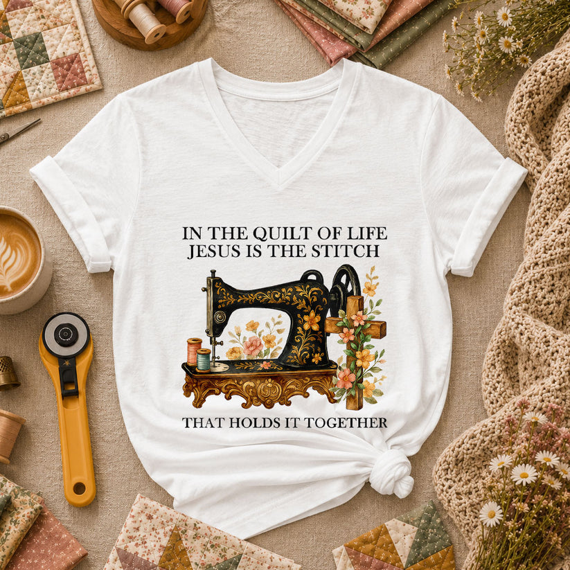 In The Quilt Of Life Jesus Is The Stitch That Holds It Together Women's V-Neck - White