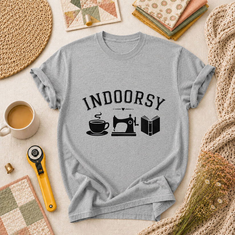 Indoorsy Coffee Sewing Machine Book Quilter T-Shirt - Athletic Heather
