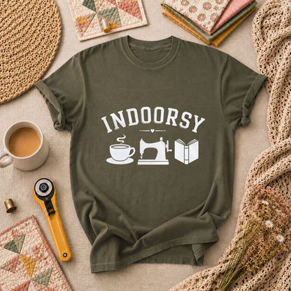 Indoorsy Coffee Sewing Machine Book Quilter T-Shirt - Military Green