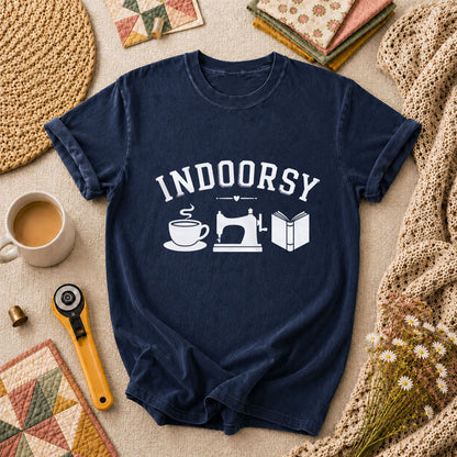 Indoorsy Coffee Sewing Machine Book Quilter T-Shirt - Navy