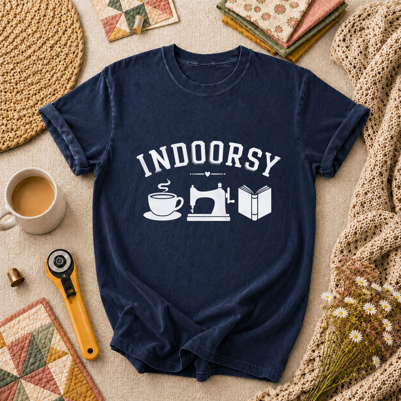 Indoorsy Coffee Sewing Machine Book Quilter T-Shirt - Navy