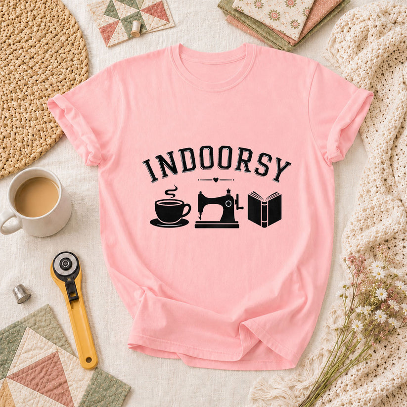 Indoorsy Coffee Sewing Machine Book Quilter T-Shirt - Pink