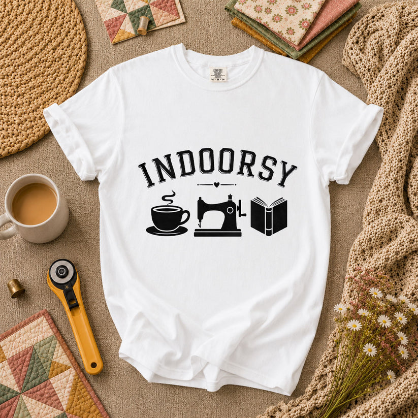 Indoorsy Coffee Sewing Machine Book Quilter T-Shirt - White