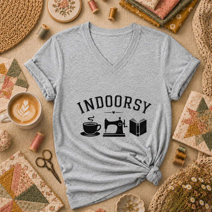 Indoorsy Coffee Sewing Machine Book Quilter Women's V-Neck - Athletic Heather