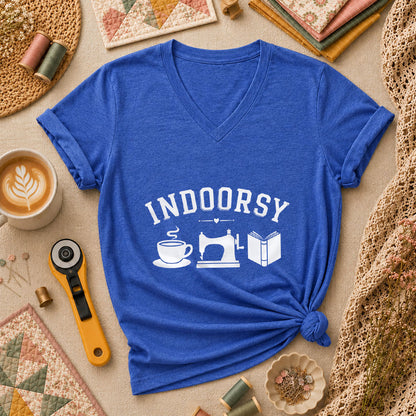 Indoorsy Coffee Sewing Machine Book Quilter Women's V-Neck - Heather True Royal