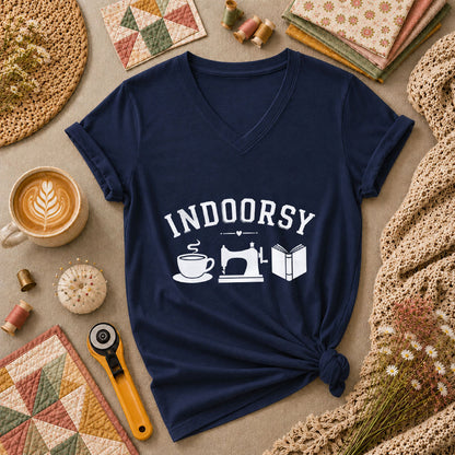 Indoorsy Coffee Sewing Machine Book Quilter Women's V-Neck - Navy