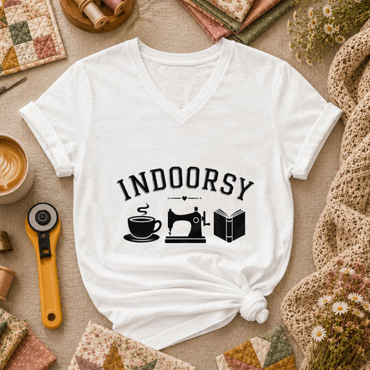 Indoorsy Coffee Sewing Machine Book Quilter Women's V-Neck