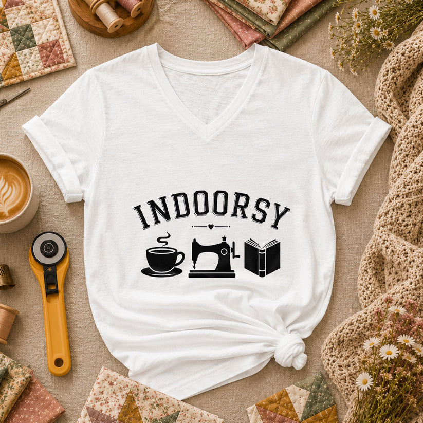Indoorsy Coffee Sewing Machine Book Quilter Women's V-Neck - White