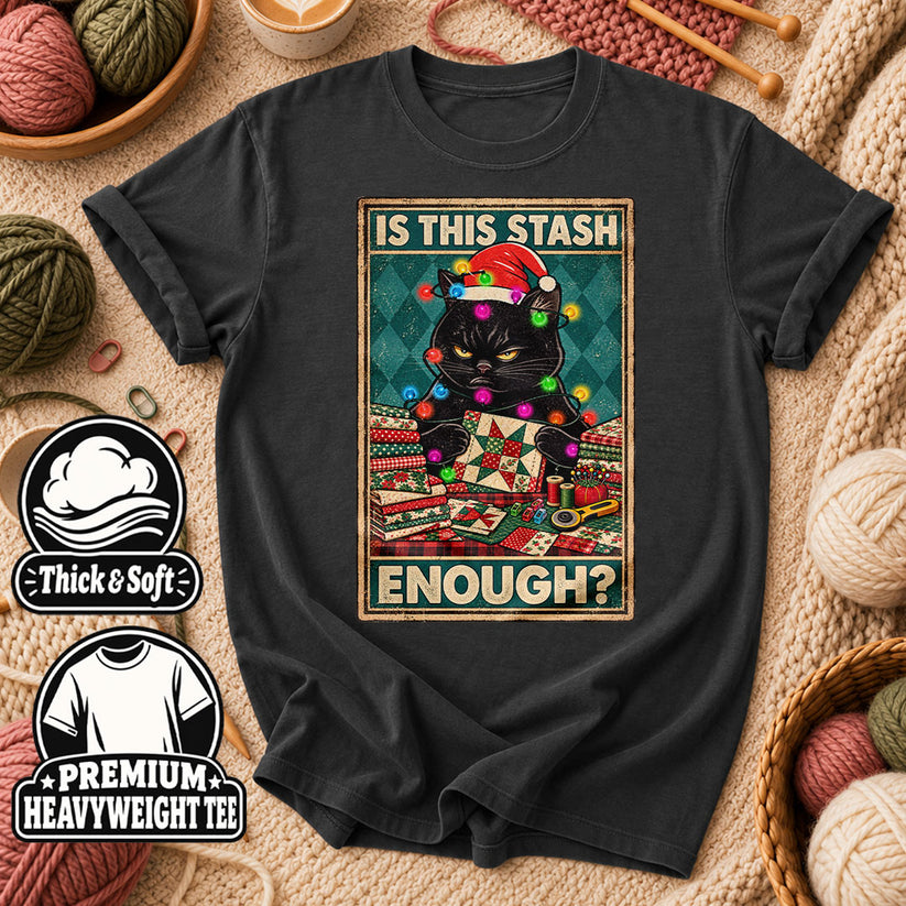 Is This Stash Enough Christmas Black Cat T-Shirt - Dark Heather Grey