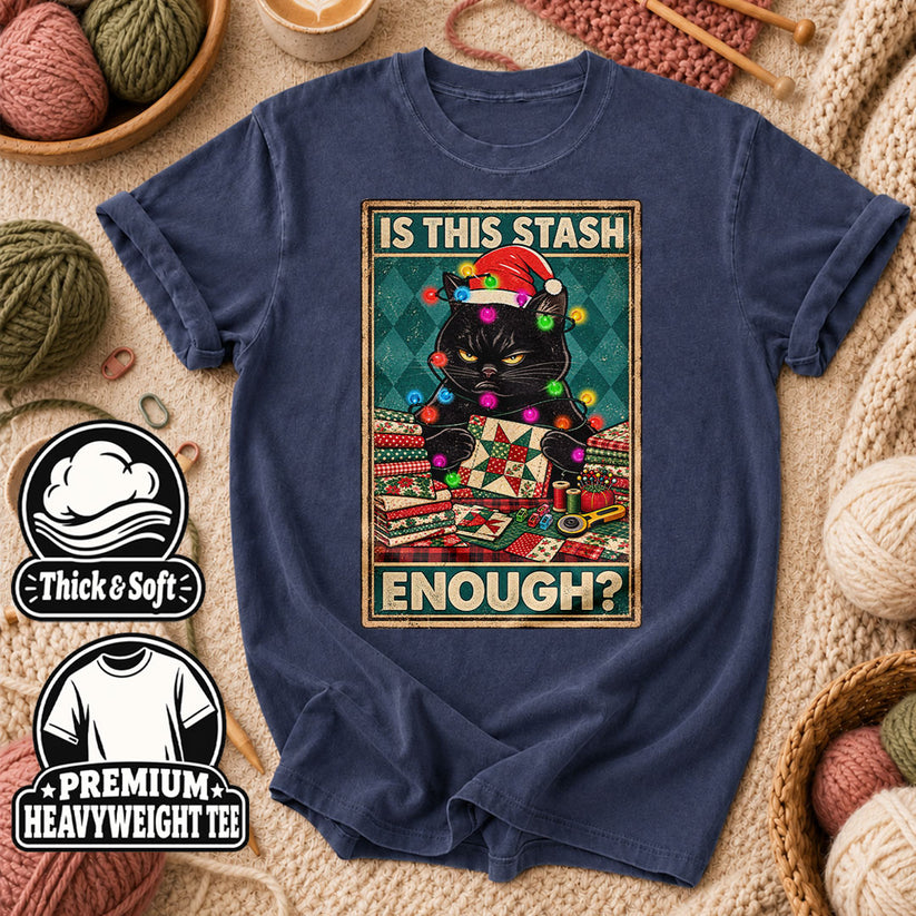 Is This Stash Enough Christmas Black Cat T-Shirt - Heather Navy