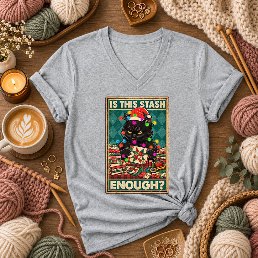 Is This Stash Enough Christmas Black Cat Women's V-Neck - Athletic Heather