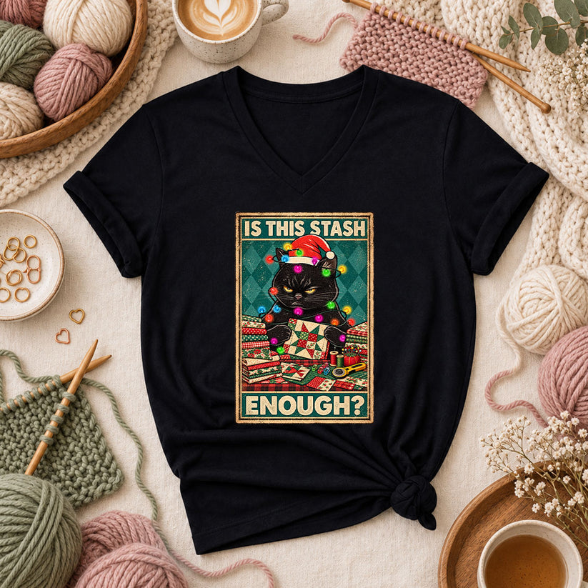 Is This Stash Enough Christmas Black Cat Women's V-Neck - Black