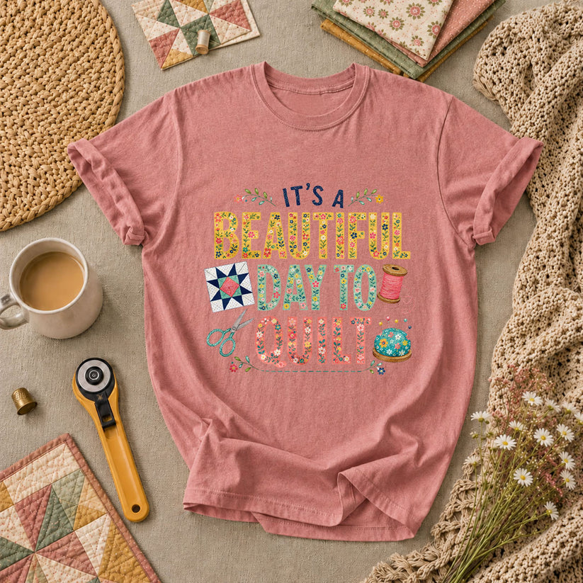 Its A Beautiful Day To Quilt Floral Letters T-Shirt - Heather Mauve