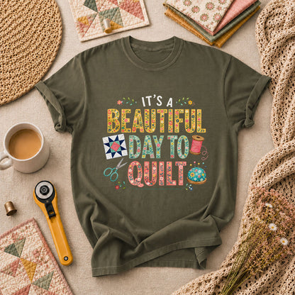 Its A Beautiful Day To Quilt Floral Letters T-Shirt - Military Green
