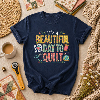 Its A Beautiful Day To Quilt Floral Letters T-Shirt - Navy