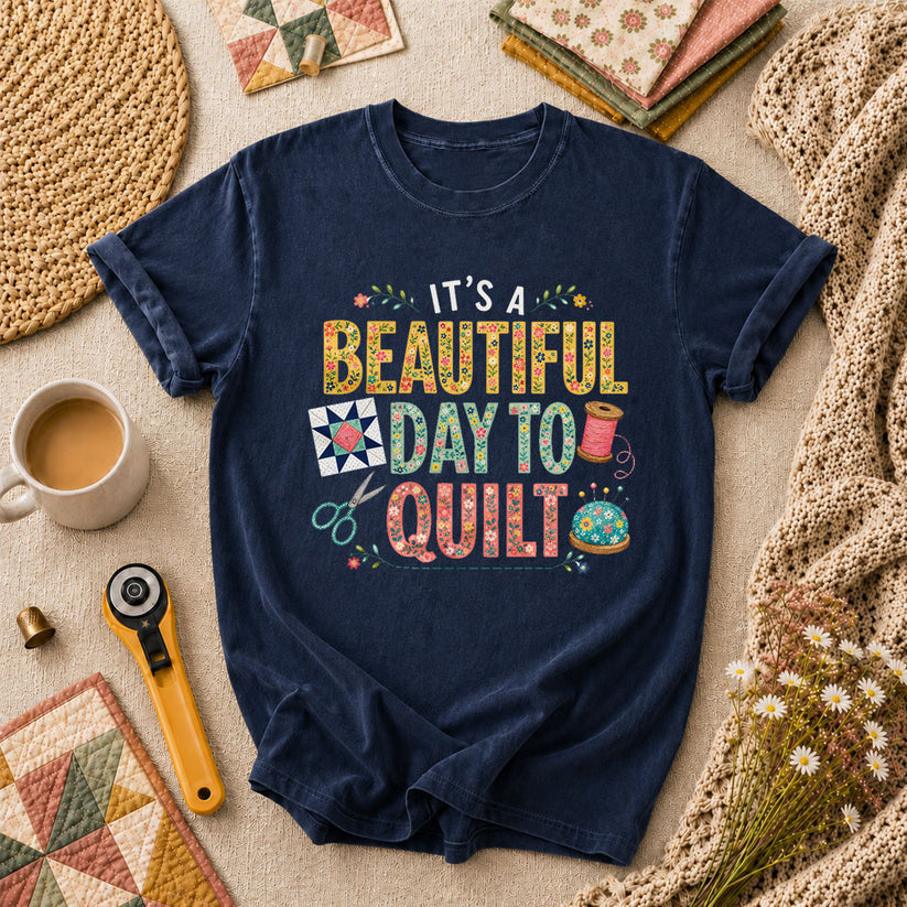 Its A Beautiful Day To Quilt Floral Letters T-Shirt - Navy