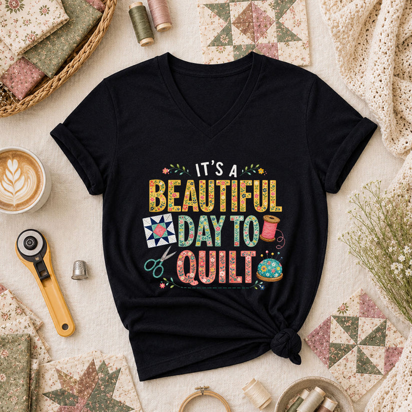 Its A Beautiful Day To Quilt Floral Letters Women's V-Neck - Black