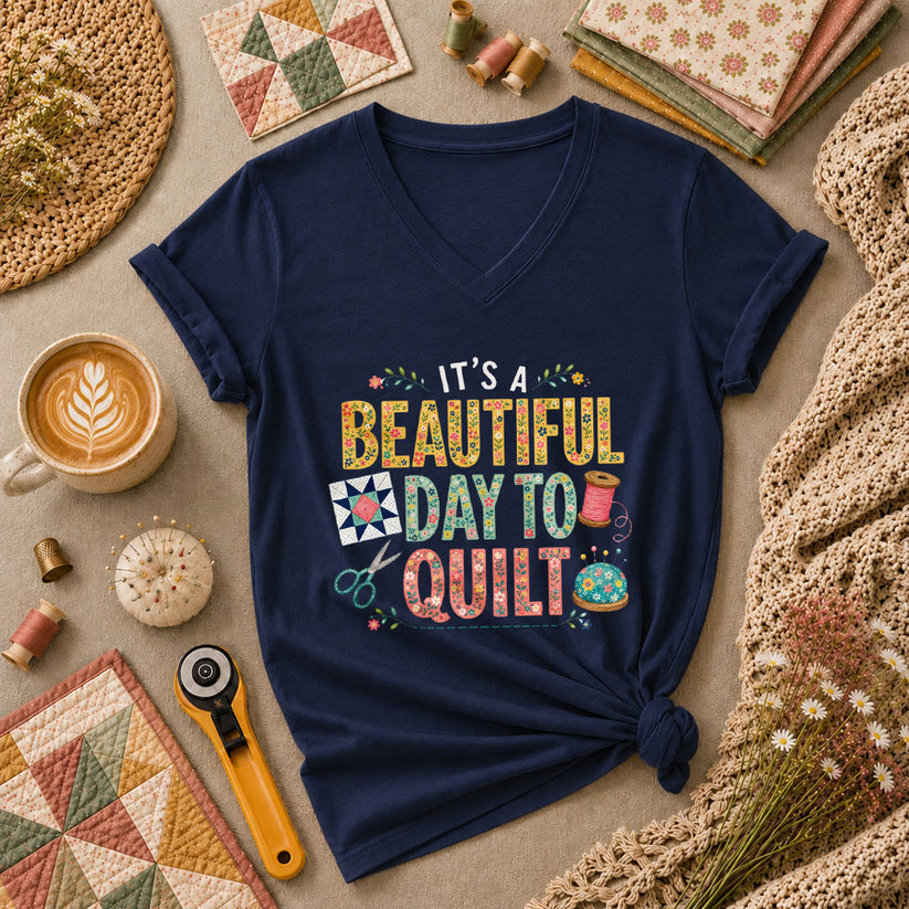 Its A Beautiful Day To Quilt Floral Letters Women's V-Neck - Navy