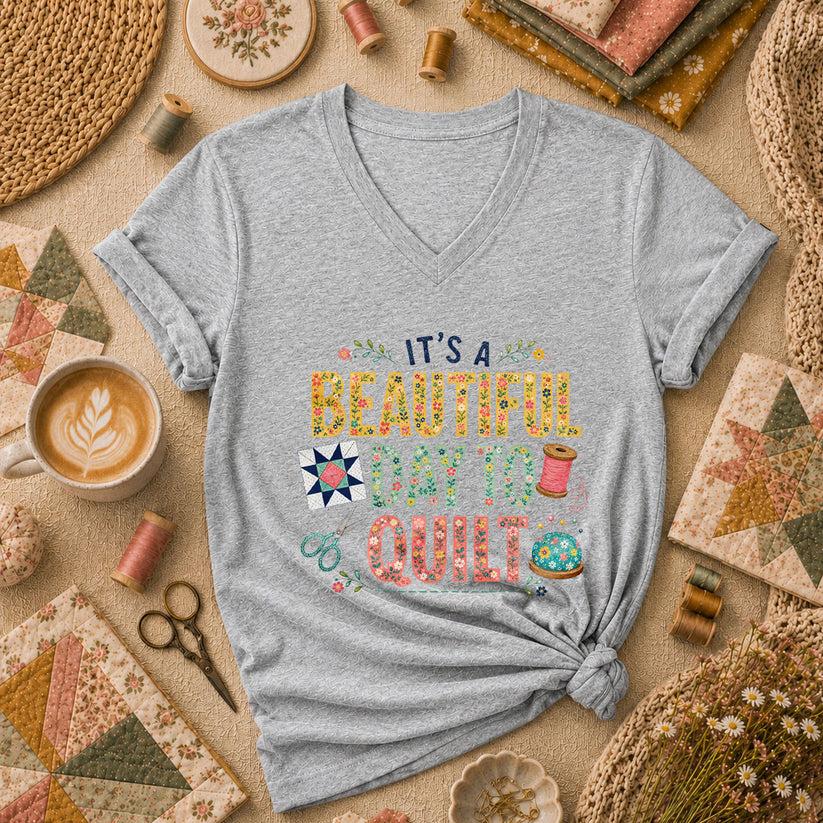 Its A Beautiful Day To Quilt Floral Letters Women's V-Neck - Sport Grey