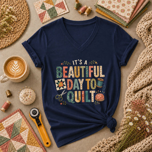 Its A Beautiful Day To Quilt Women's V-Neck - Navy