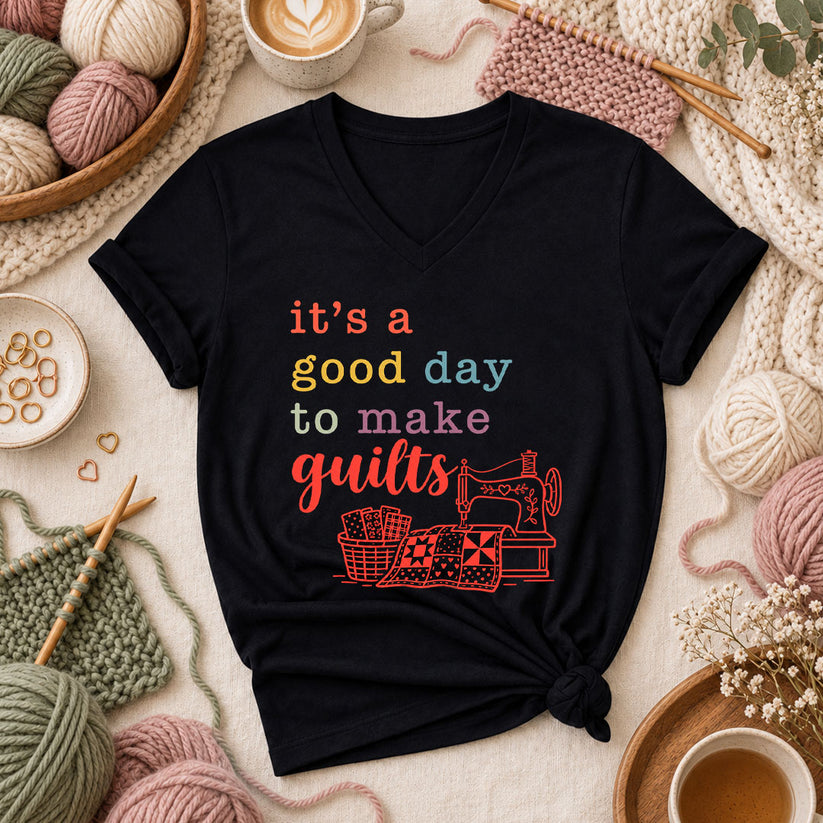 It's A Good Day To Make Quilts Women's V-Neck - Black
