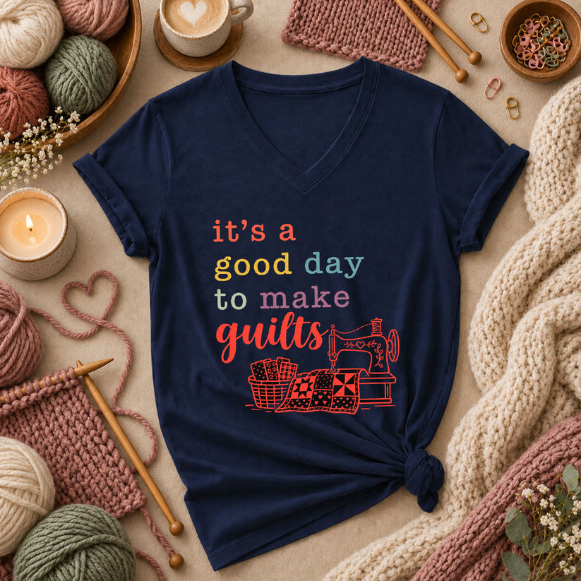It's A Good Day To Make Quilts Women's V-Neck - Navy