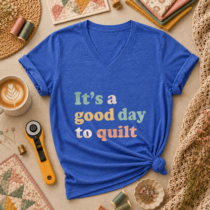 Its A Good Day To Quilt Sunshine Women's V-Neck - Heather True Royal