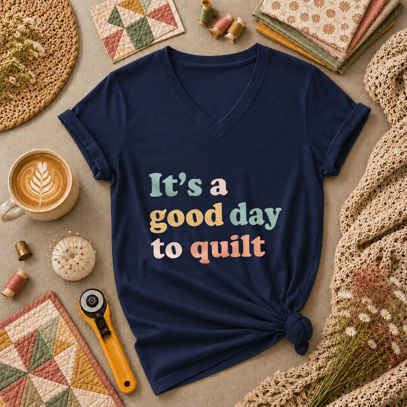 Its A Good Day To Quilt Sunshine Women's V-Neck - Navy