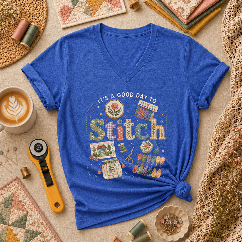 It's A Good Day To Stitch Women's V-Neck - Heather True Royal