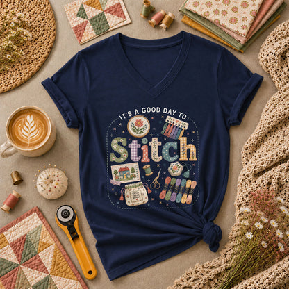 It's A Good Day To Stitch Women's V-Neck - Navy