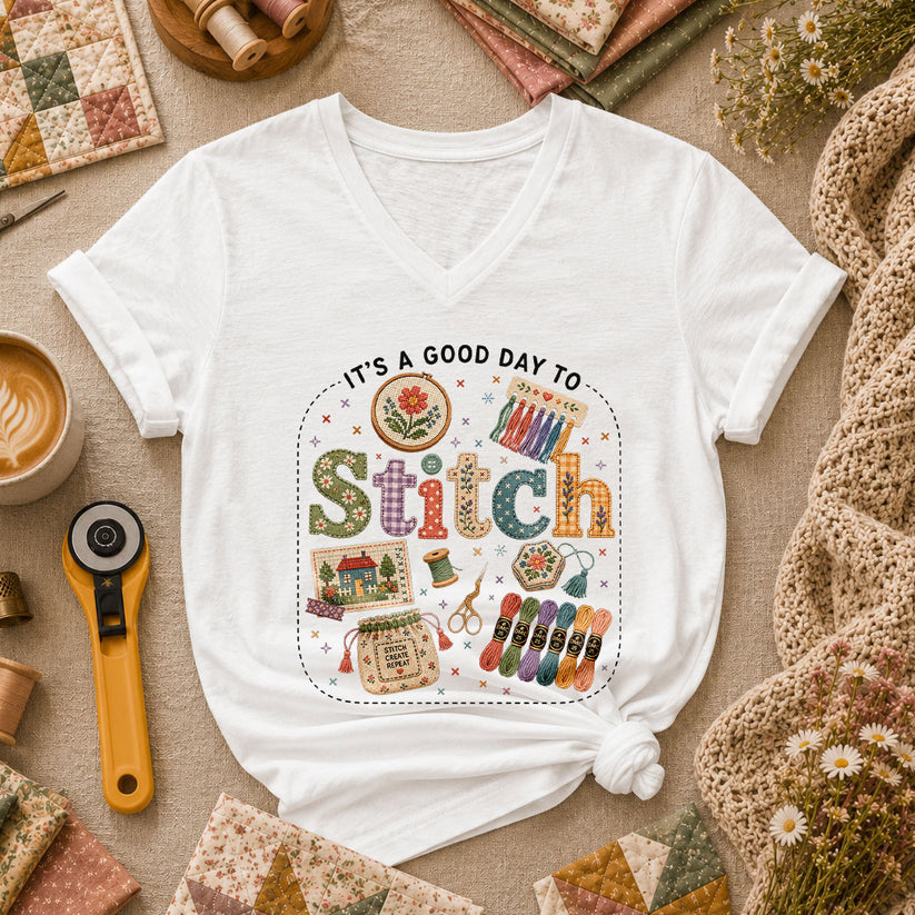It's A Good Day To Stitch Women's V-Neck - White