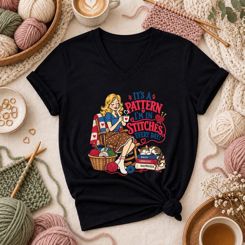 It's A Pattern I'm In Stitches Every Day Women's V-Neck - Black