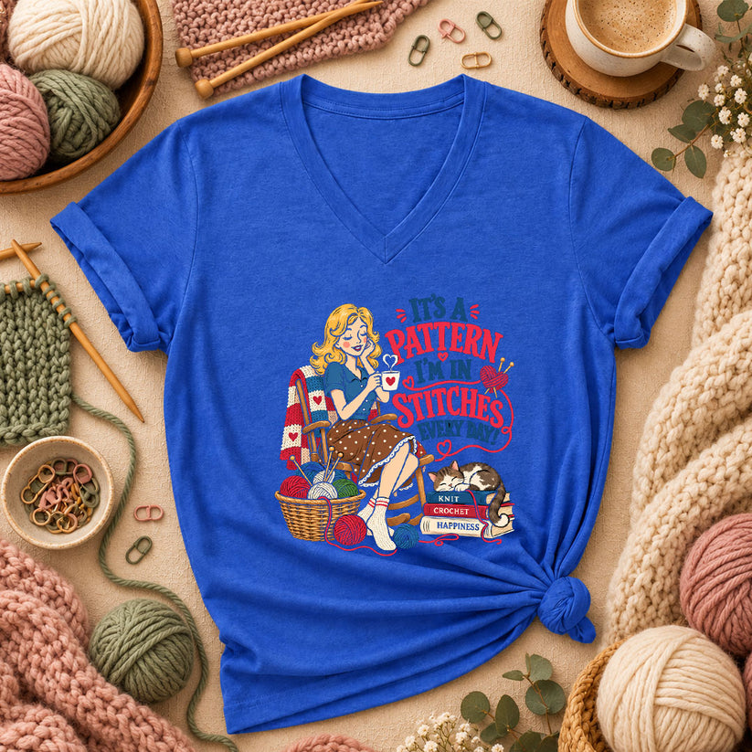 It's A Pattern I'm In Stitches Every Day Women's V-Neck - Heather True Royal