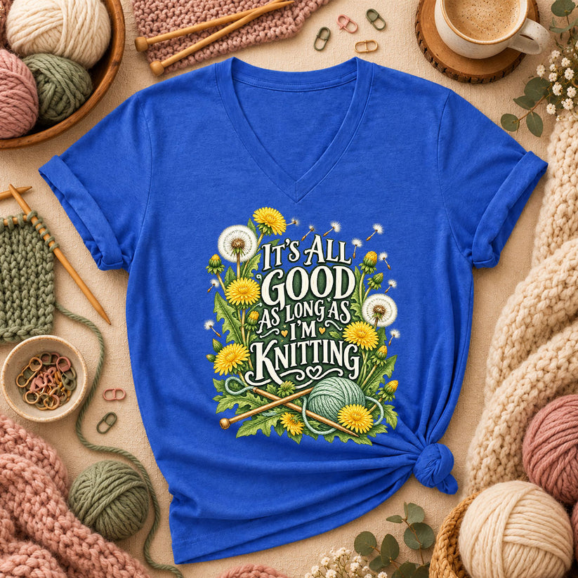 It's All Good As Long As I'm Knitting Women's V-Neck - Heather True Royal